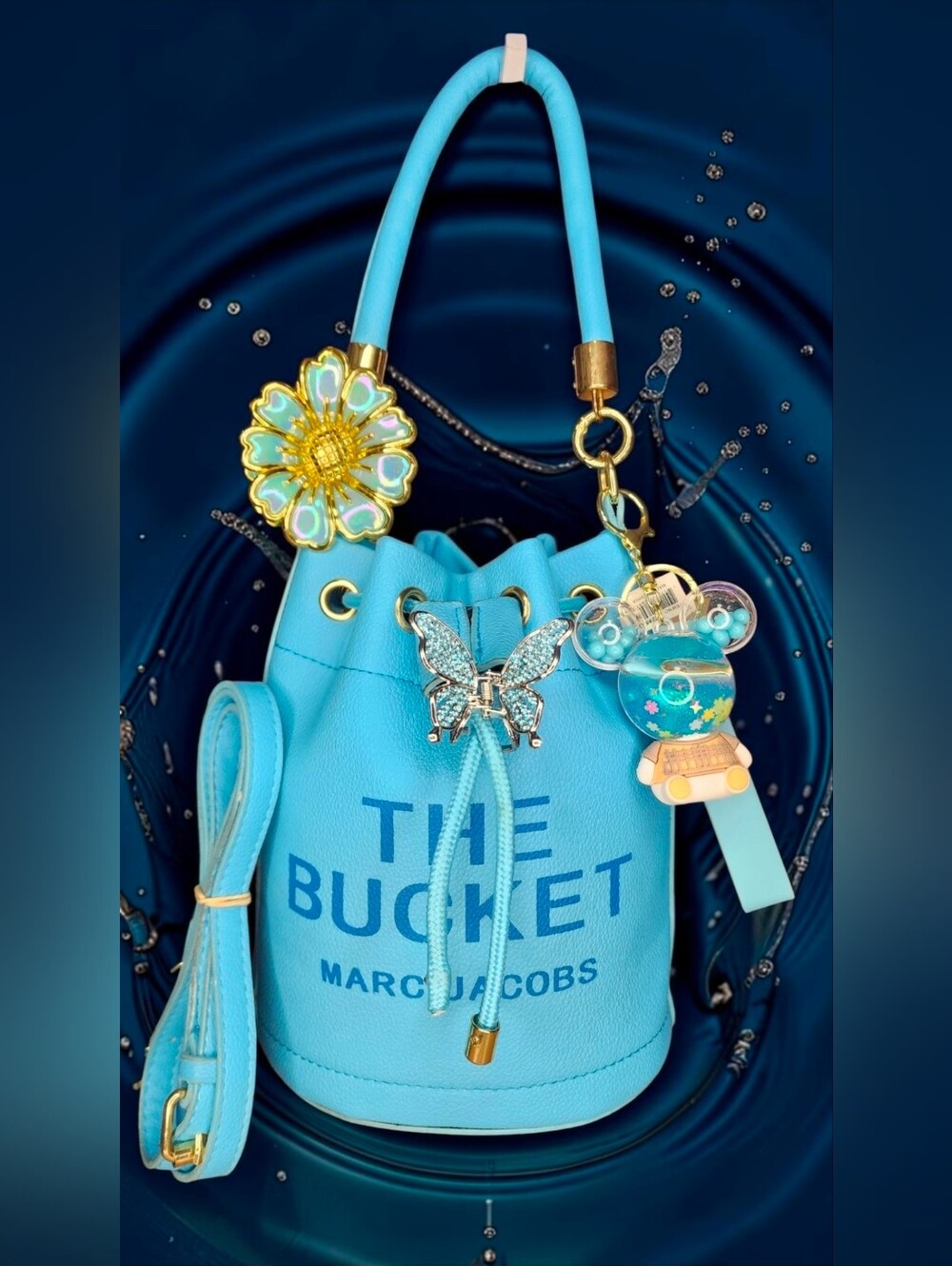 Fashion Bucket Drawstring Bag In Turquoise With Accesories